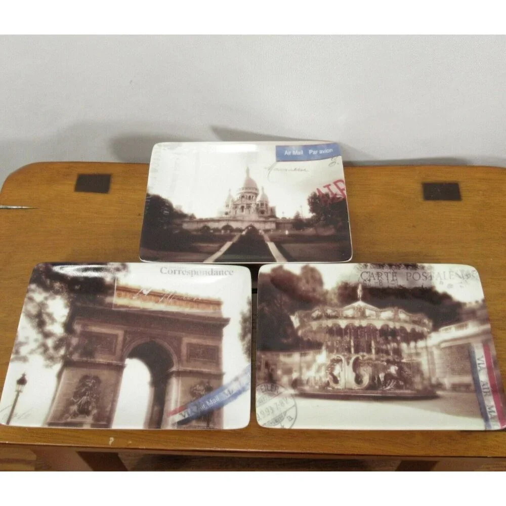 Restoration Hardware 3 Appetizer Plates Paris Theme Trinket Dish Carte Postale